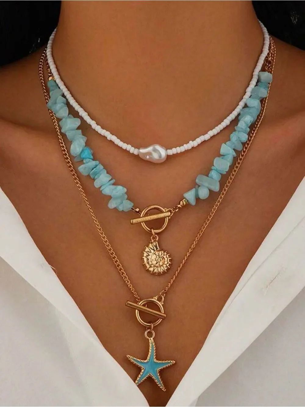 Layered light blue Beaded Gold Charm Necklace Set A2059